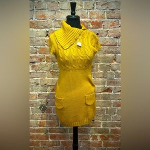 Vintage Yellow Sweater Dress Size M Turtleneck Button Collar